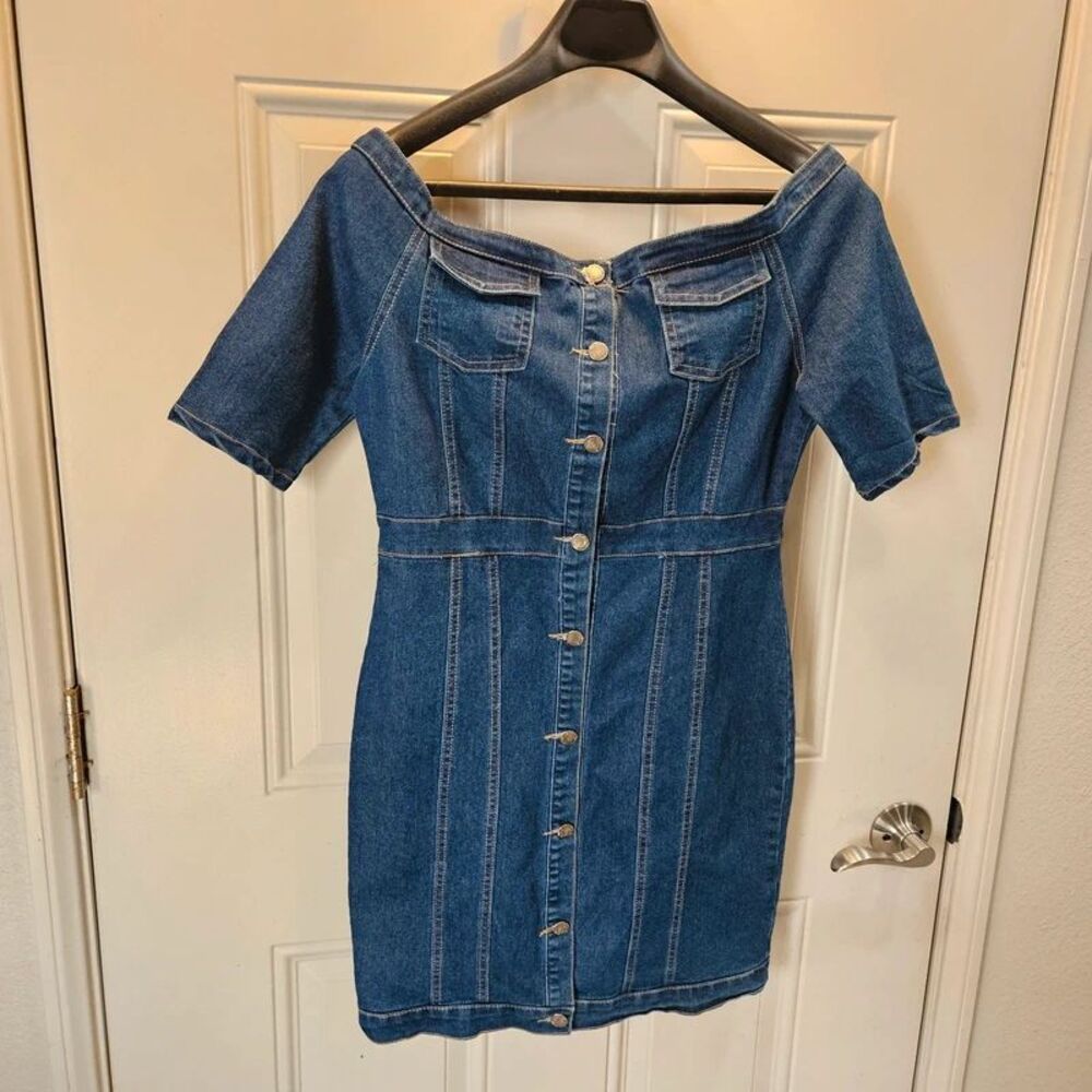 Denim front button up women's mini dress